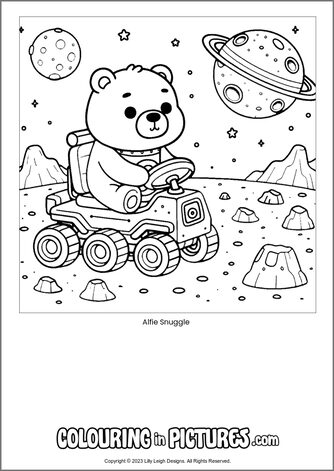 Free printable bear colouring in picture of Alfie Snuggle