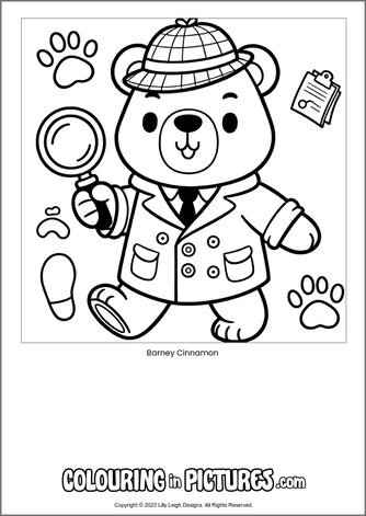 Free printable bear colouring in picture of Barney Cinnamon