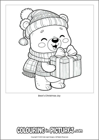 Free printable bear colouring in picture of Bear's Christmas Joy