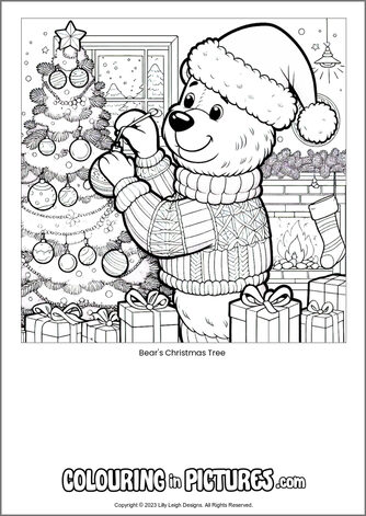 Free printable bear colouring in picture of Bear's Christmas Tree