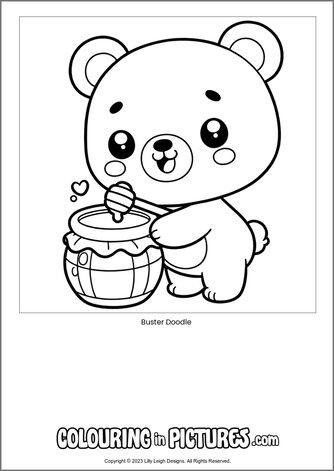 Free printable bear colouring in picture of Buster Doodle