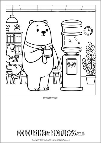 Free printable bear colouring in picture of Diesel Mosey