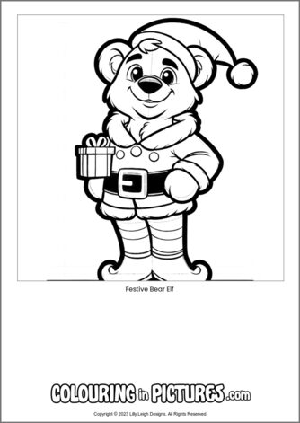 Free printable bear colouring in picture of Festive Bear Elf