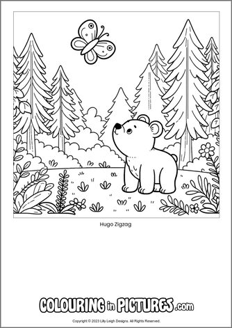 Free printable bear colouring in picture of Hugo Zigzag