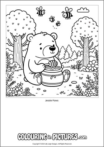 Free printable bear colouring in picture of Jessie Paws