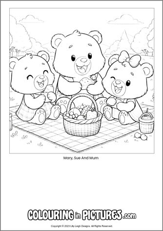 Free printable bear colouring in picture of Mary, Sue And Mum