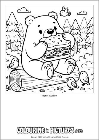 Free printable bear colouring in picture of Merlin Twinkle