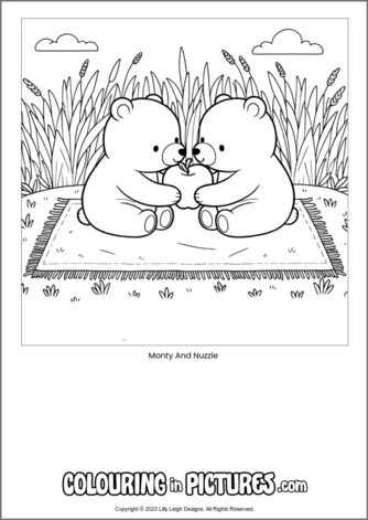 Free printable bear colouring in picture of Monty And Nuzzle