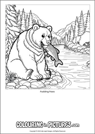 Free printable bear colouring in picture of Pudding Paws