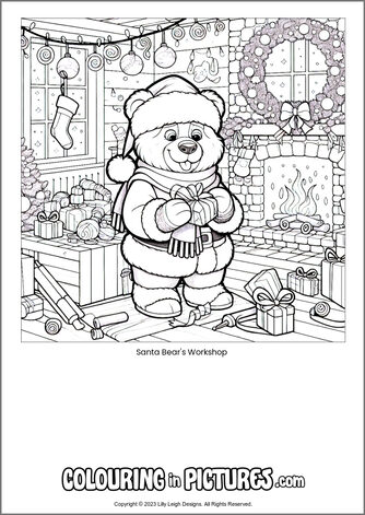 Free printable bear colouring in picture of Santa Bear's Workshop