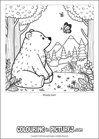 Free printable bear colouring in picture of Woody Swirl