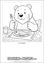Free printable bear themed colouring page of a bear. Colour in Archie Giggles.