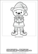 Free printable bear themed colouring page of a bear. Colour in Bear's Christmas Elf.