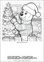 Free printable bear themed colouring page of a bear. Colour in Bear's Christmas Tree.