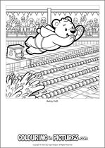Free printable bear themed colouring page of a bear. Colour in Betsy Drift.
