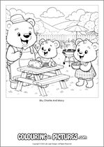 Free printable bear themed colouring page of a bear. Colour in Blu, Charlie And Macy.