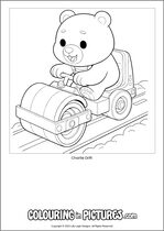 Free printable bear themed colouring page of a bear. Colour in Charlie Drift.