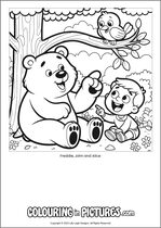 Free printable bear themed colouring page of a bear. Colour in Freddie, John and Alice.