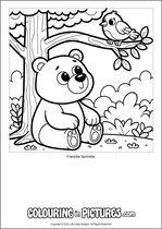 Free printable bear themed colouring page of a bear. Colour in Freddie Sprinkle.