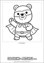 Free printable bear themed colouring page of a bear. Colour in Lulu Whiskers.