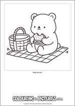 Free printable bear themed colouring page of a bear. Colour in Meg Nuzzle.
