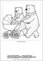 Free printable bear themed colouring page of a bear. Colour in Rocky Family Stroll.