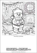 Free printable bear colouring page. Colour in Santa Bear's Workshop.