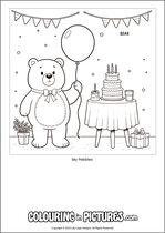Free printable bear themed colouring page of a bear. Colour in Sky Pebbles.