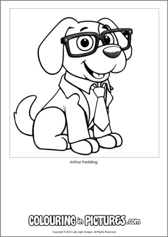 Free printable dog colouring in picture of Arthur Padding