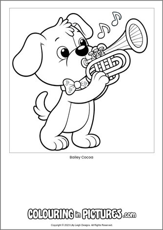 Free printable dog colouring in picture of Bailey Cocoa