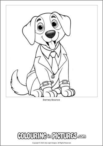 Free printable dog colouring in picture of Barney Bounce