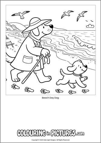 Free printable dog colouring in picture of Beach Day Dog