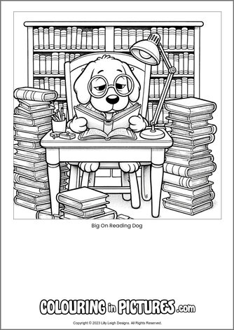 Free printable dog colouring in picture of Big On Reading Dog