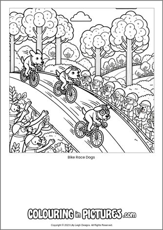 Free printable dog colouring in picture of Bike Race Dogs