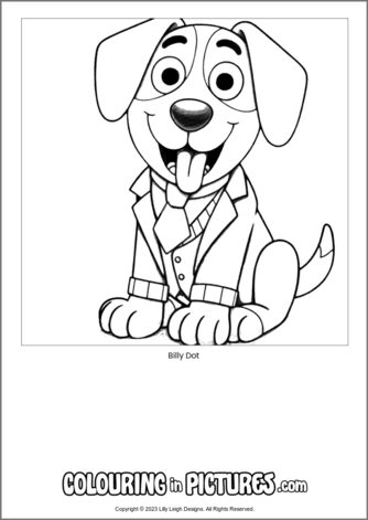 Free printable dog colouring in picture of Billy Dot
