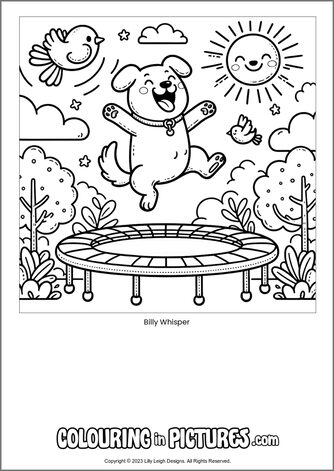 Free printable dog colouring in picture of Billy Whisper