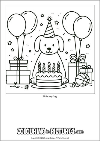 Free printable dog colouring in picture of Birthday Dog