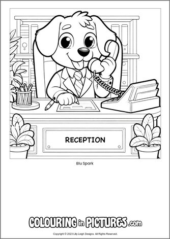 Free printable dog colouring in picture of Blu Spark