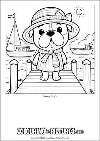 Free printable dog colouring in picture of Breezy Patch