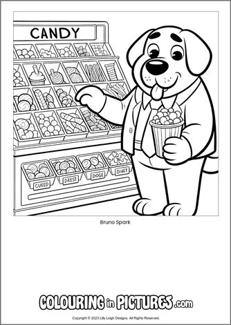 Free printable dog colouring in picture of Bruno Spark