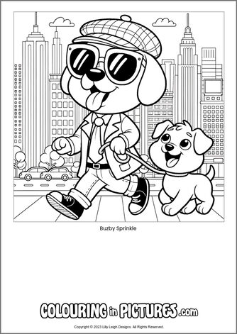 Free printable dog colouring in picture of Buzby Sprinkle