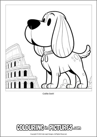 Free printable dog colouring in picture of Callie Swirl