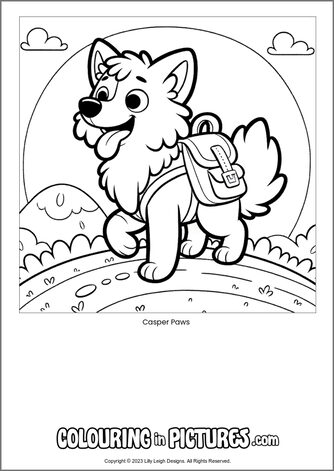Free printable dog colouring in picture of Casper Paws