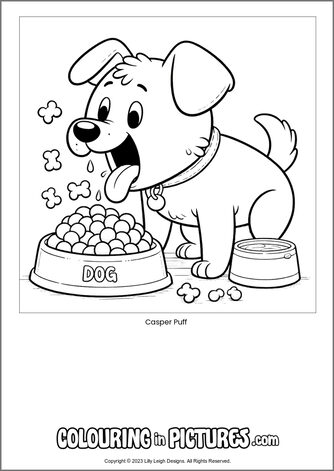 Free printable dog colouring in picture of Casper Puff