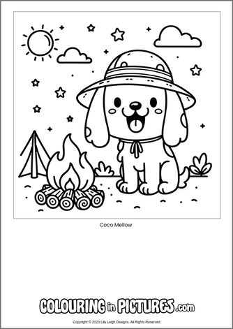 Free printable dog colouring in picture of Coco Mellow