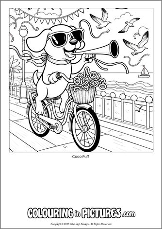 Free printable dog colouring in picture of Coco Puff