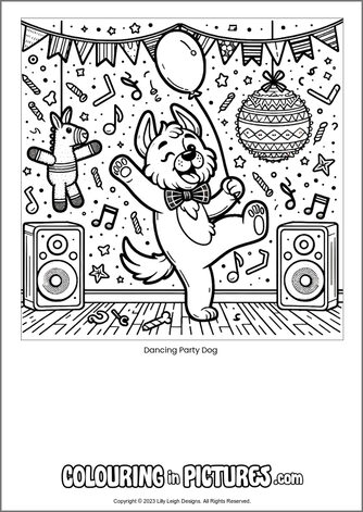 Free printable dog colouring in picture of Dancing Party Dog