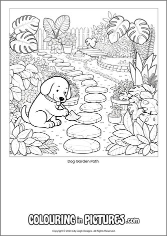 Free printable dog colouring in picture of Dog Garden Path