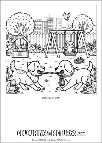 Free printable dog colouring in picture of Dog Tug Of War