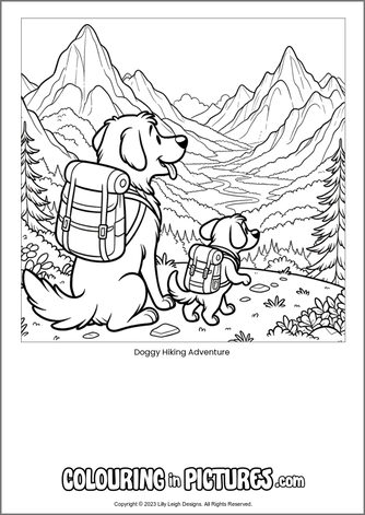 Free printable dog colouring in picture of Doggy Hiking Adventure